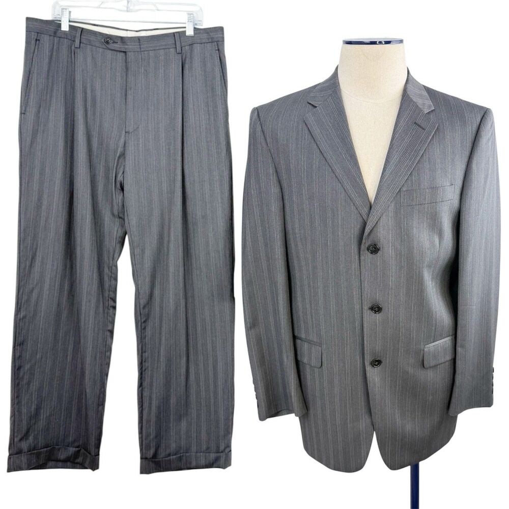 Perry Ellis Portfolio Mens 2PC Suit Gray Pinstripe 42R Jacket 36W Wool